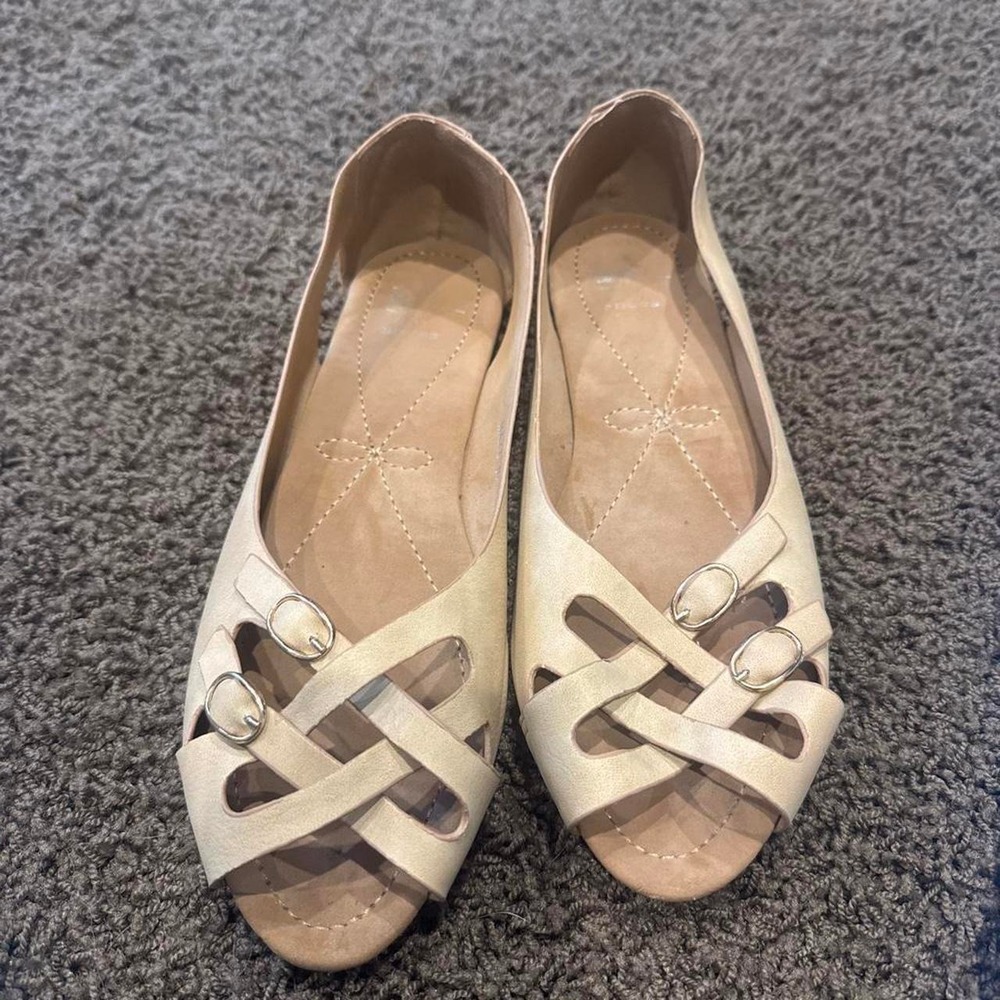 C.C. Shoes Cream Faux Suede Peep Toe Lattice Buckle Flats D'Orsay Sandals